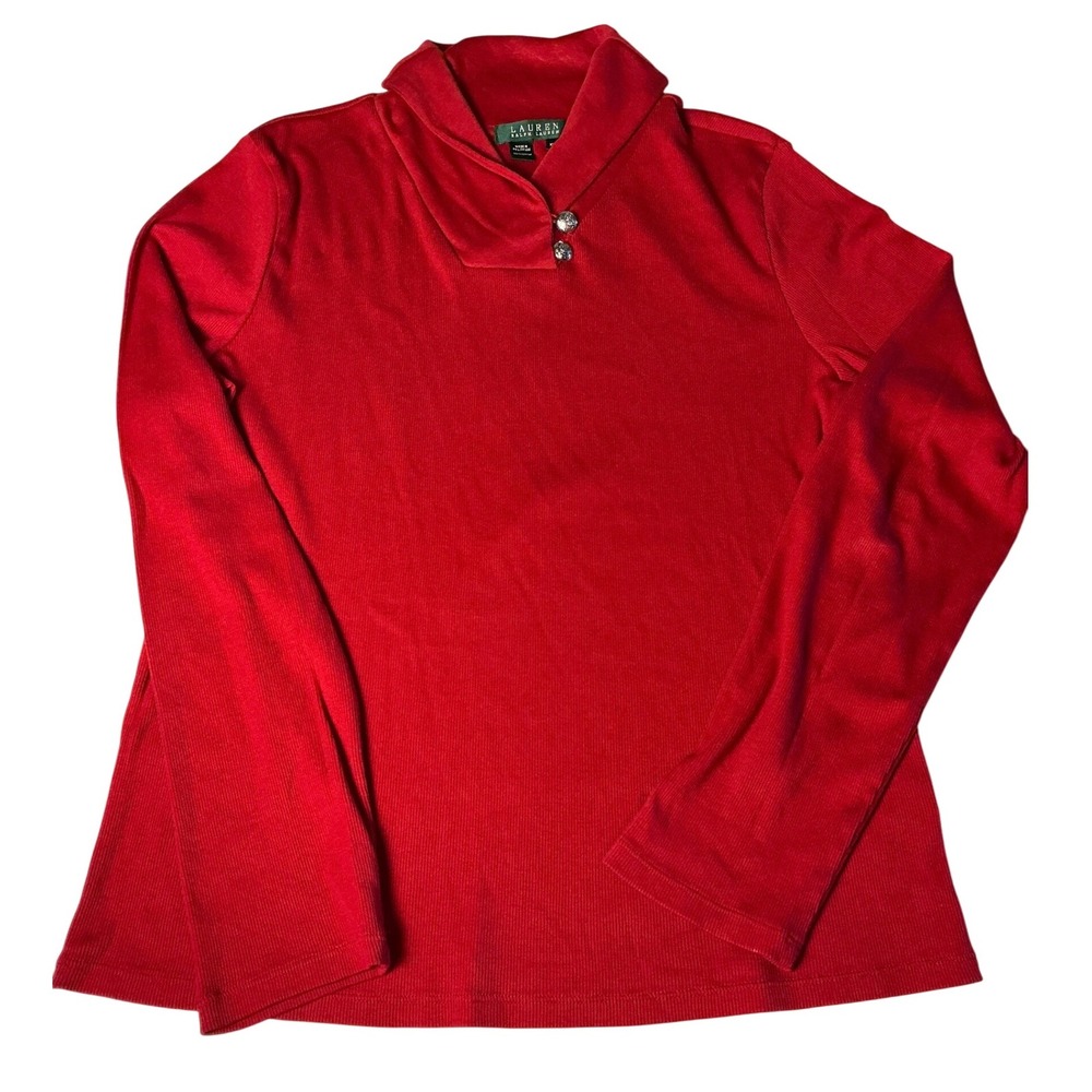 Lauren Ralph Lauren Red Cotton Ribbed Knit Shawl Collar Button Top XL